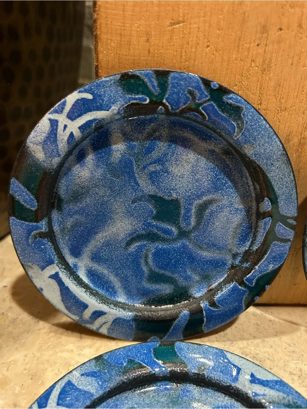 vintage handmade enamel on copper decorative Blue Drink Coaster Set of 4